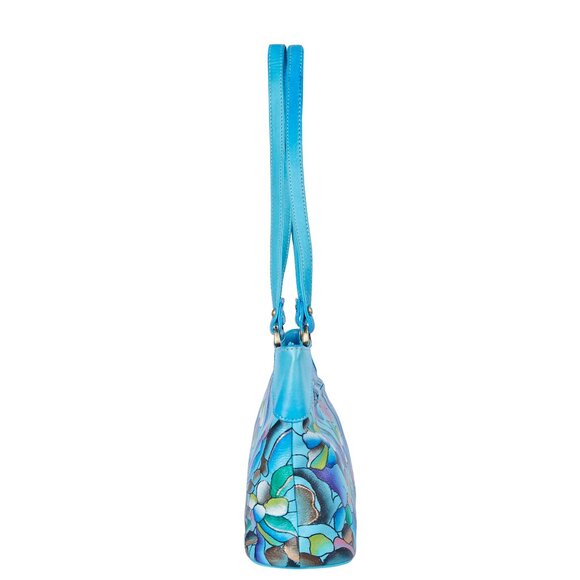 Hand-Painted Aqua Blue Abstract Artwork Ladies Leather Shoulder Tote Bag - Picture 4 of 7